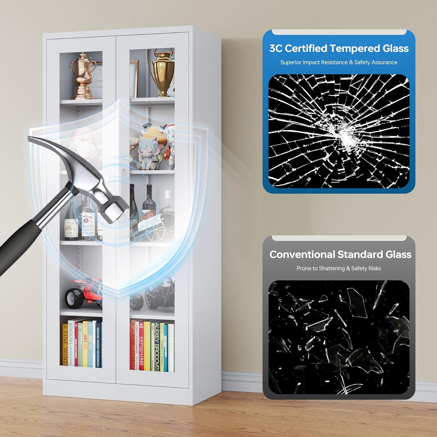 Display Cabinet With Glass Doors, Curio Cabinets With 4 Adjustable Shelves, Locking Glass Cabinet Display Case For Home, Office, Clinic, Pantry, Assemble Required