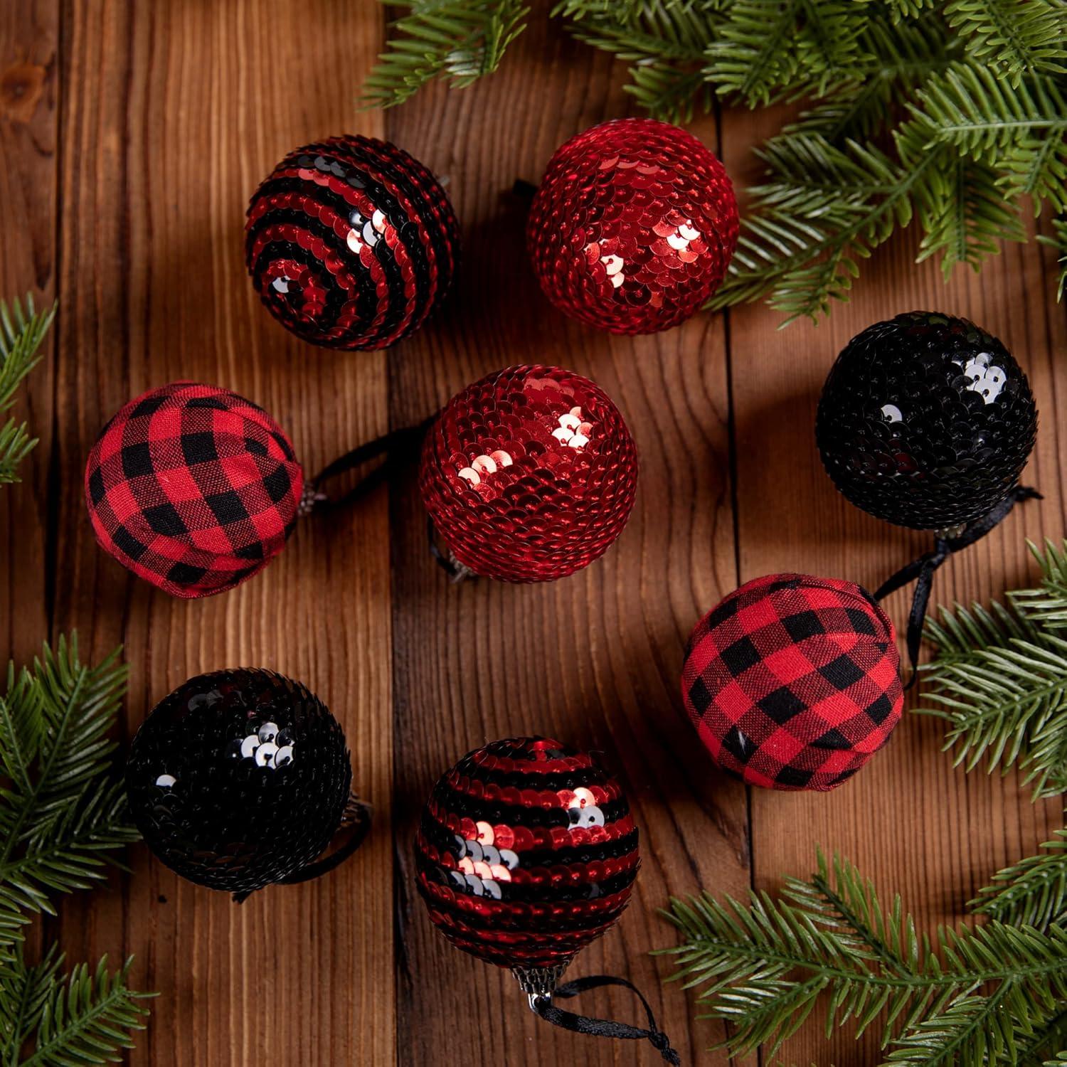 12pcs Black and Red Sequin Balls,1.96" Christmas Buffalo Plaid Hanging Balls,Shatterproof Xmas Checkered Tree Ornaments for Party Home Decor