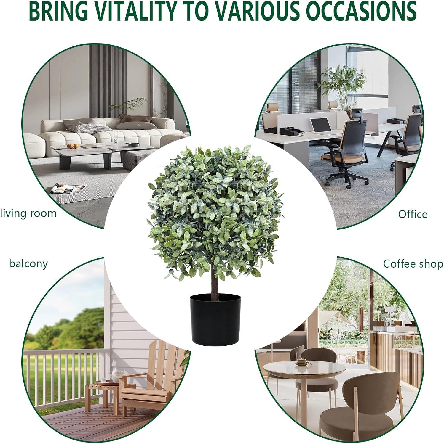 22’’ Faux Boxwood Topiary Ball Tree Set of 2, Artificial Plants Outdoor Weather Resistant, Cement-Filled Potted Bushes, Evergreen Topiary Trees Artificial for Porch Decoration Indoor Outdoor