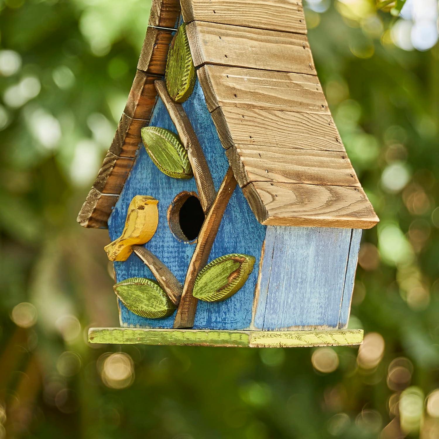 Distressed Blue Wooden Birdhouse with 3D Tree and Slatted Roof