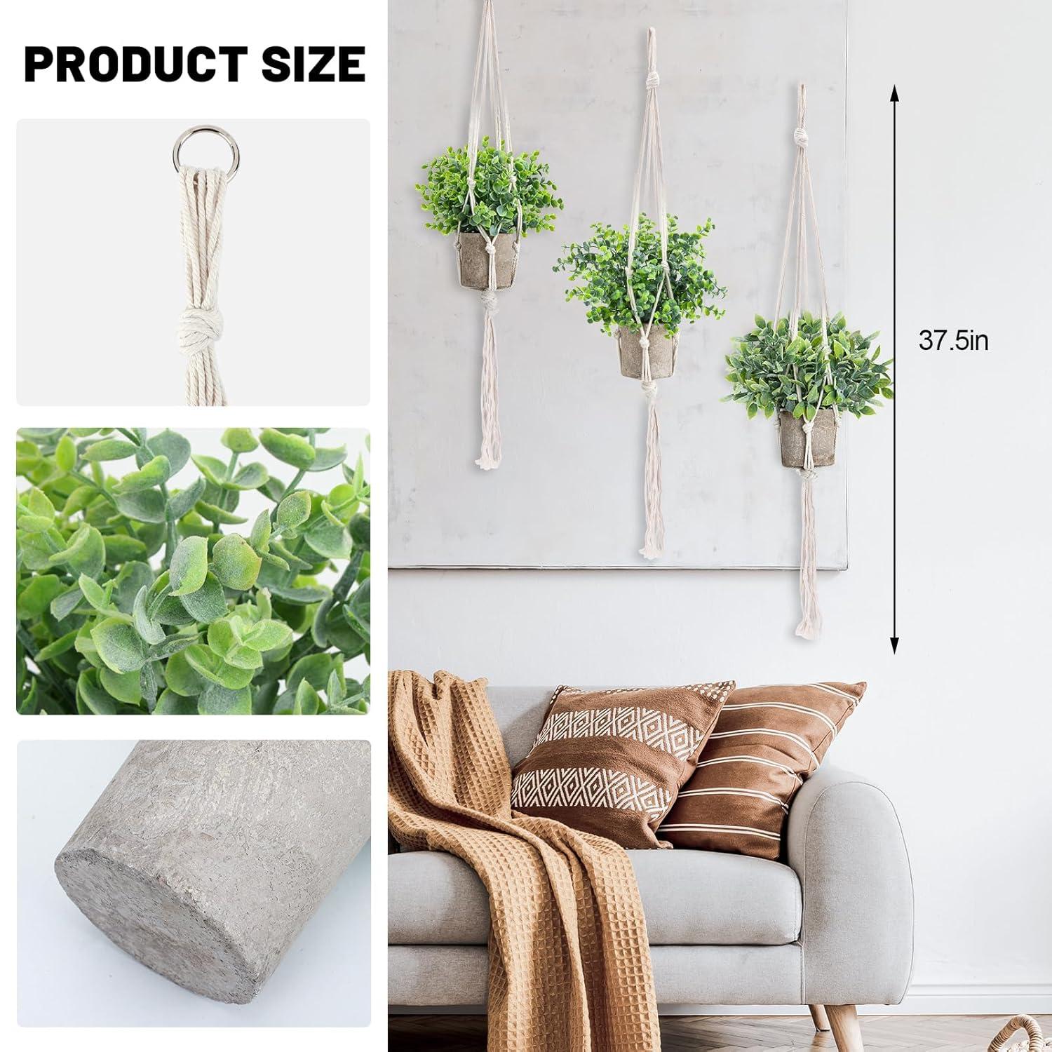 Artificial Plants 3 Pack Mini Fake Hanging with Macrame Plant Hangers Decorative Faux Greenery Decor for Shelves Wall Kitchen Farmhouse Bathroom Home Office