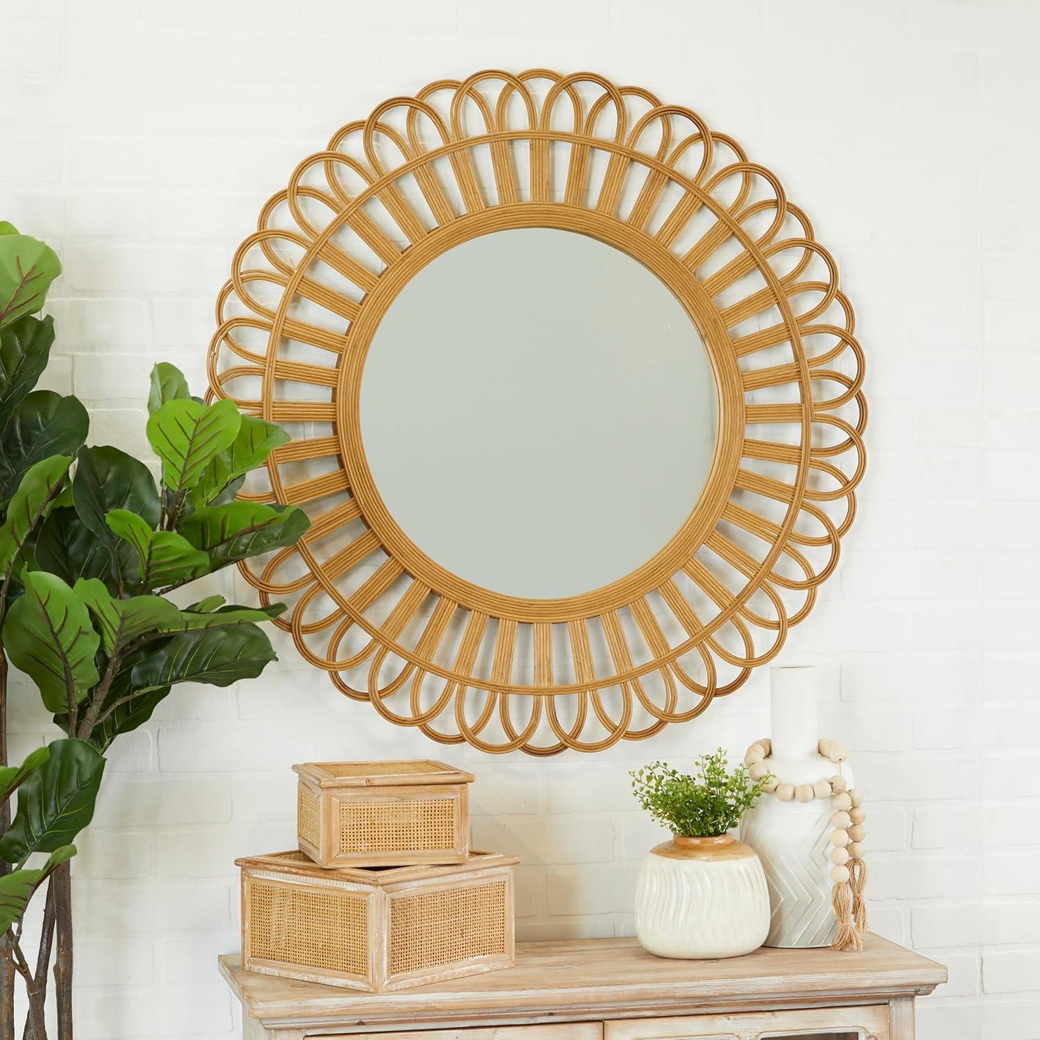 Bohemian Round Sunburst Wood Wall Mirror, 35"