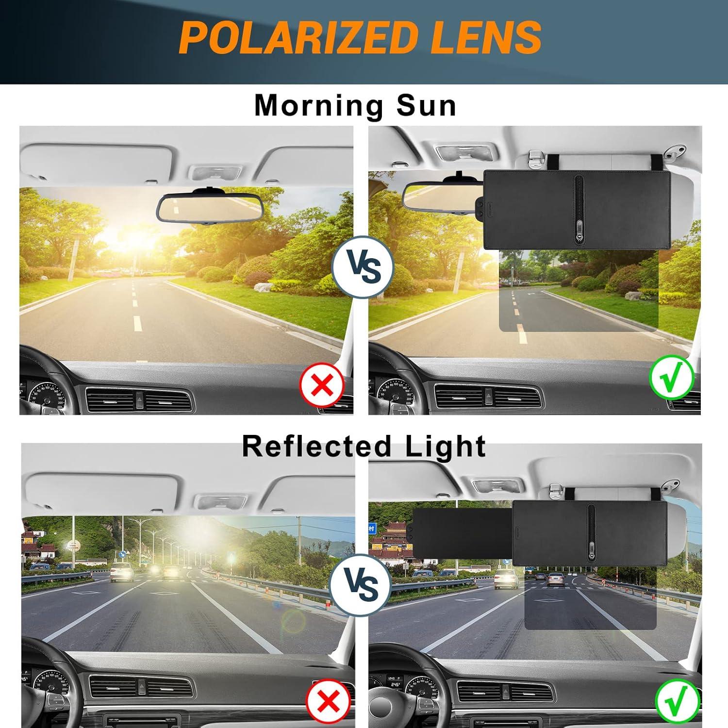Car Visor Extender, Polarized Sun Visor Extender with Zipper, One Pull Down Sunshade & One Side Shade Sun Block Piece for Protection from Sun Glare, UV Rays, Universal for Most Cars (2 Pack)