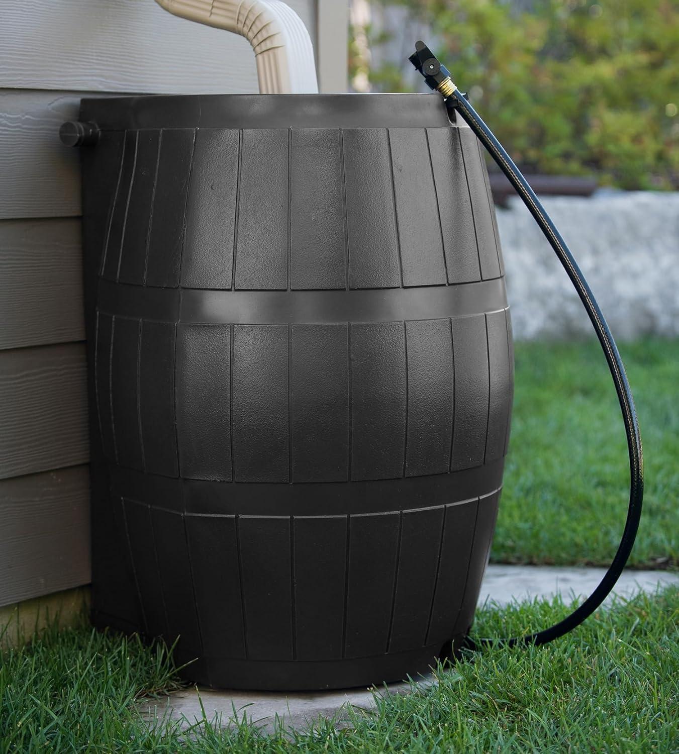 FCMP Outdoor RC4000-BLK 50 Gallon Flat Back Outdoor Home Rain Catcher Water Storage Collection Barrel for Watering Outdoor Plants and Gardens, Black