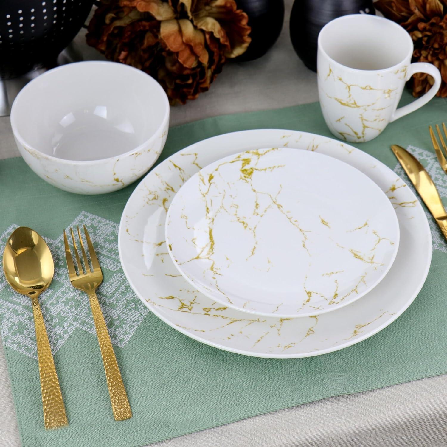 White and Gold Marble Ceramic Dinnerware Set, Service for 4