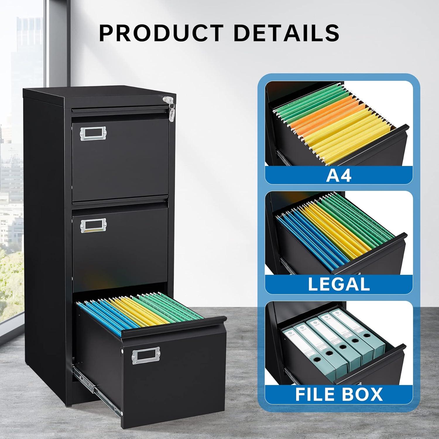 17.8" D File Cabinet, 3 Drawer Metal Filing Cabinets with Lock, Locking Vertical File Cabinet for Letter/Legal/A4/F4 Size, Easy Assemble (Black)