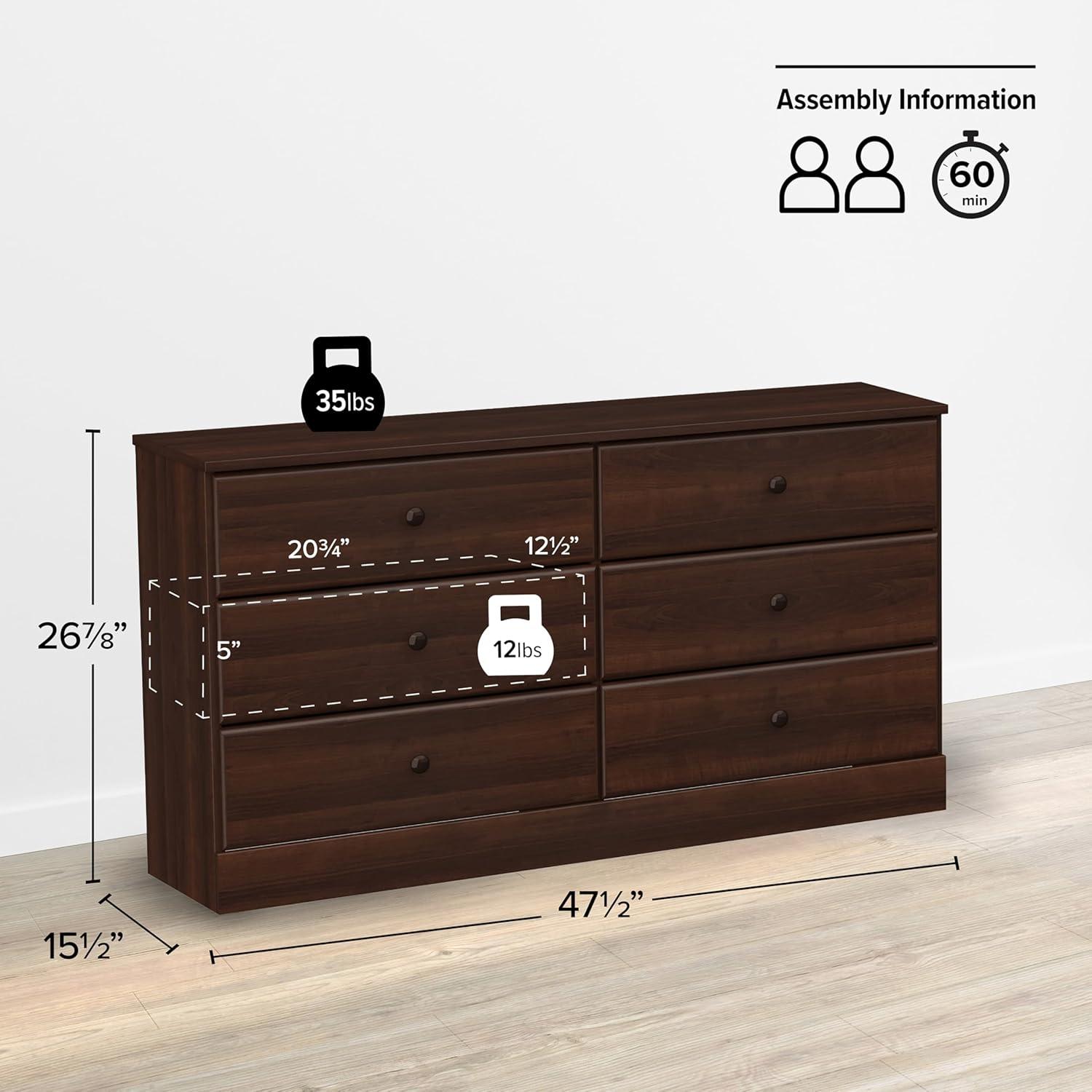 Prepac Astrid Dresser Espresso: Wood Composite Frame, 6-Drawer Storage for Bedroom, 28.25" High