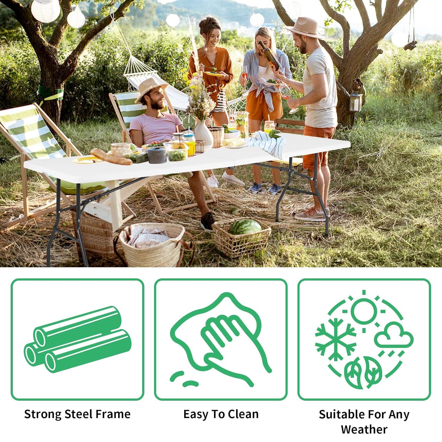 Folding Table 6 Foot,  Heavy-Duty, Portable Plastic Construction with Carrying Handle – Perfect for Picnics, Parties, and Office Indoor Outdoor Use, White