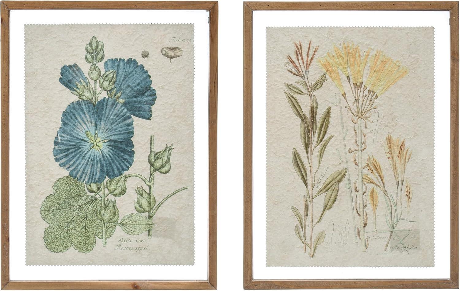 Vintage Floral Blue and Yellow Wood Framed Wall Art Set