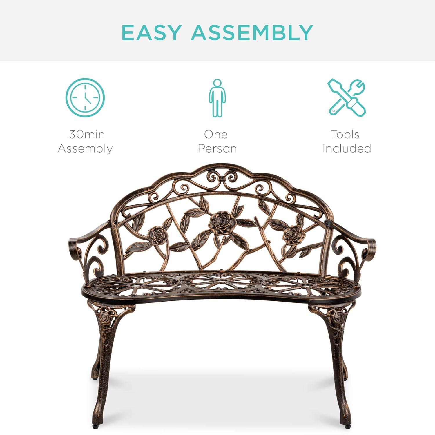 QSHIMY Patio Garden Bench Park Metal Rose Outdoor Benches, Aluminium Vintage Antique Furniture Chair Outside Benches Weather Proof Bench for Outdoor Porch, Lawn, Balcony, Backyard, Bronze