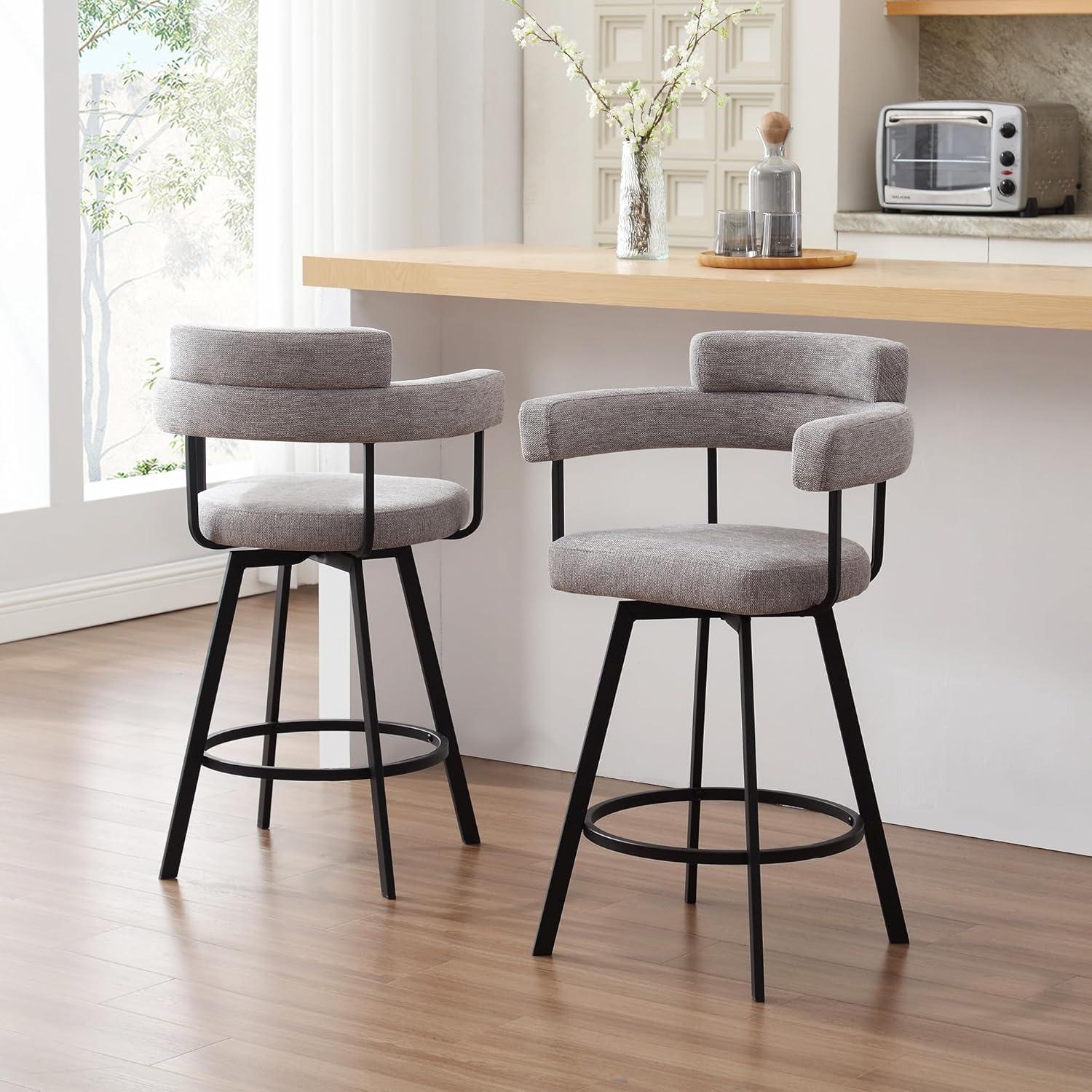 Rabassa Swivel Upholstered 26" Linen Counter Stool with Curved Wing Back and Metal Frame