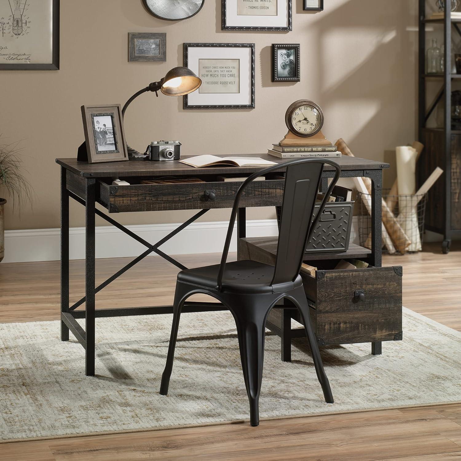 Rustic Carbon Oak Workstation with Powder-Coated Metal Frame