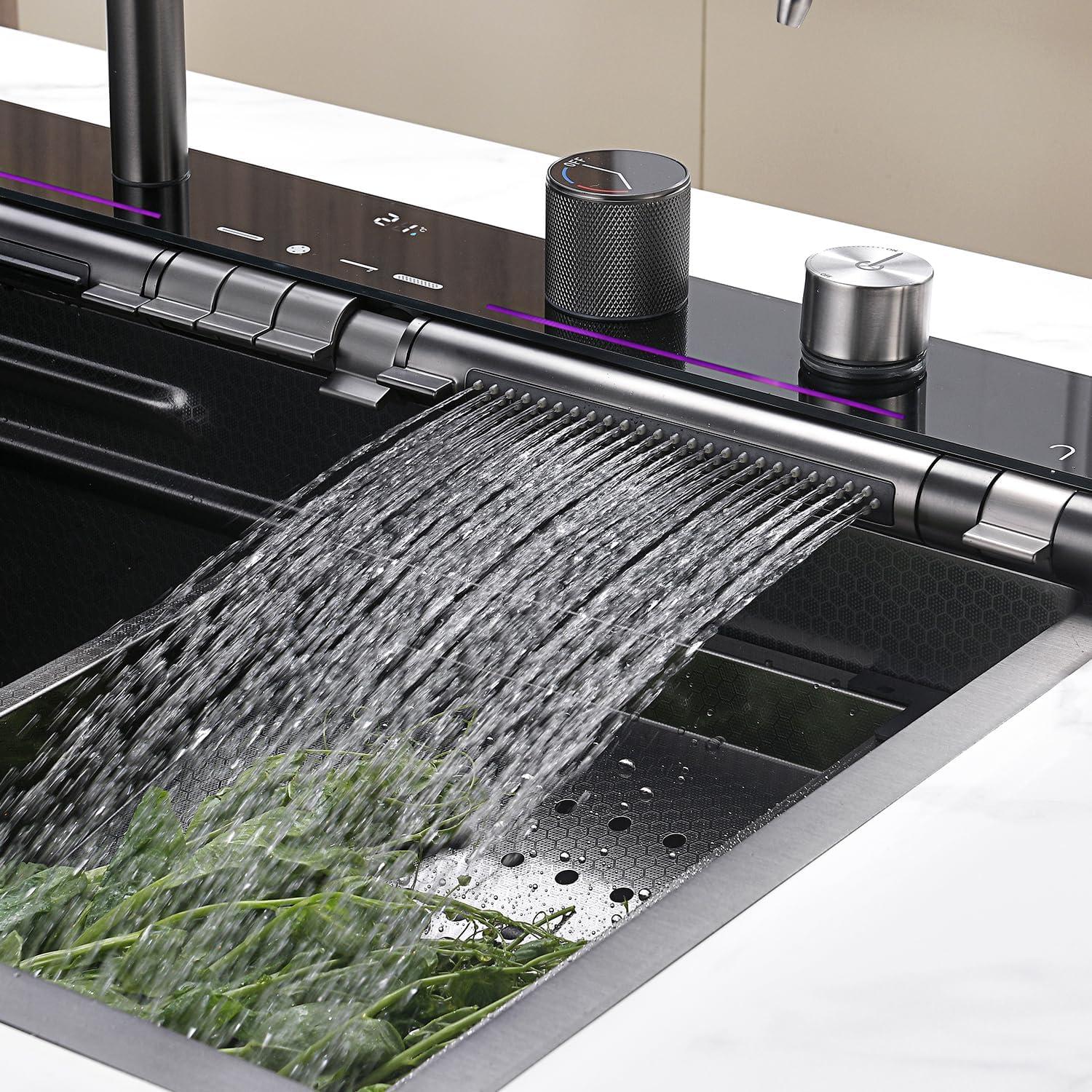 Lefton 304 Stainless Steel Kitchen Sink Set with Pull-down Faucet, Waterfall & Rainfall Water Outlet, Glass Rinser, Soap Dispenser & Filtered Faucet, Battery-free Temperature Display, Grey, KS2207