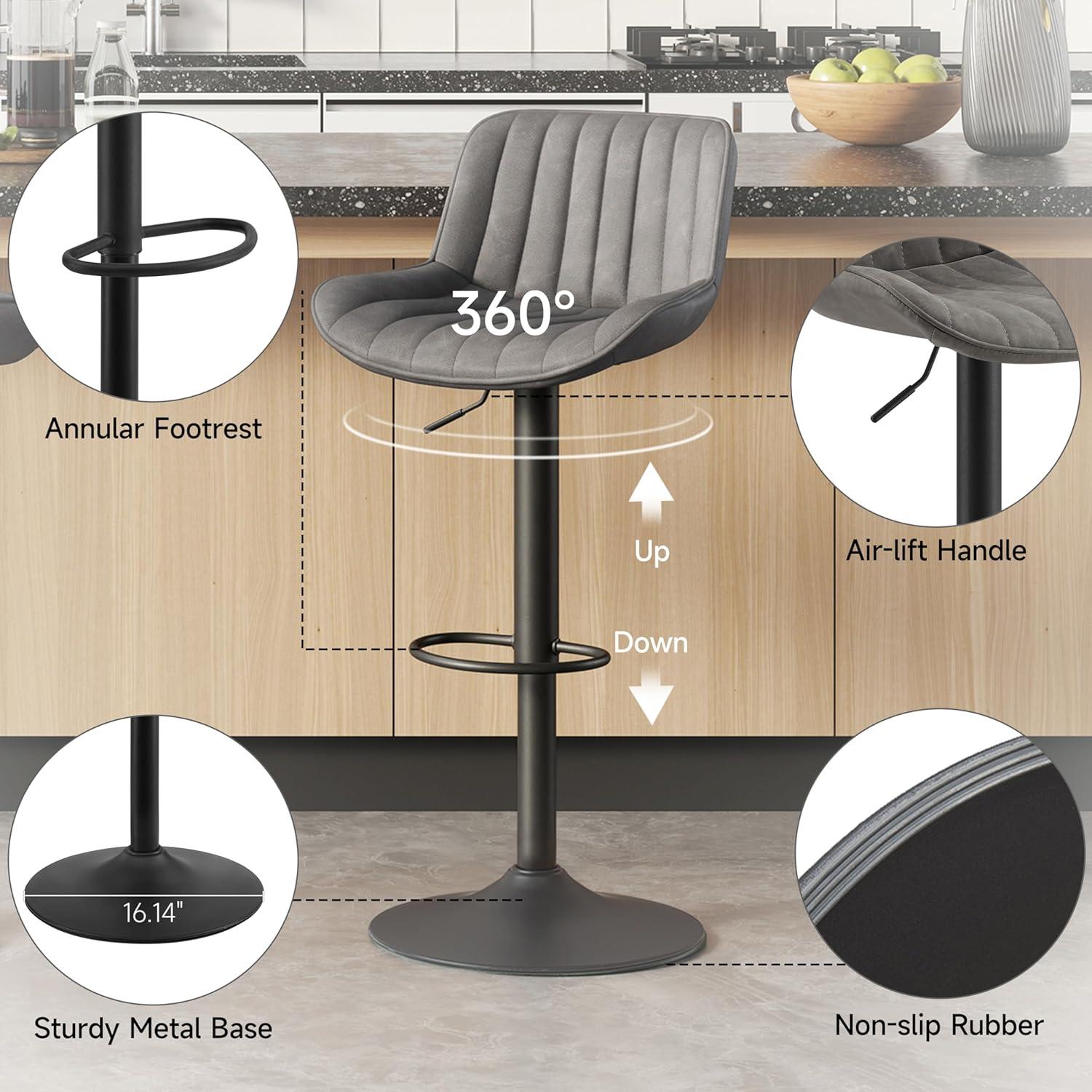 Art Leon Rustic Bar Stools Set of 2, Faux Leather with Backrest Chrome Legs, Upholstered Swivel Kitchen Stools, Gray