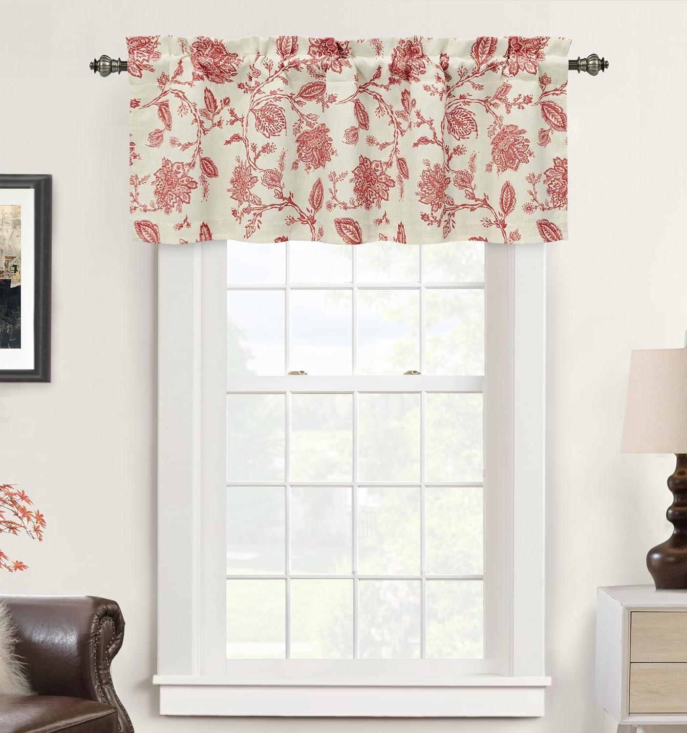 DriftAway Freda Jacobean Floral Linen Blend Blackout Thermal Insulated Energy Saving Privacy Window Curtain Valance Rod Pocket 2 Layers Single 52 Inch by 18 Inch plus 2 Inch Header Red Beige