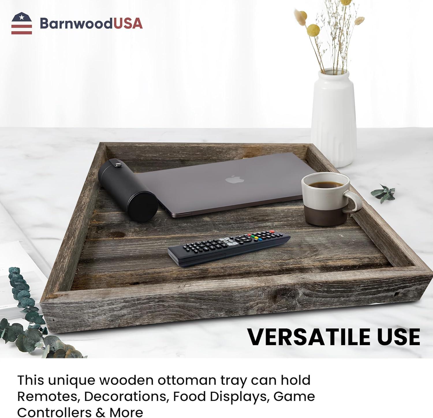 Wooden Ottoman Tray with Felt Pad – Decorative Couch Serving Tray Made with Real Rustic Reclaimed Wood - Perfect for Living Room Ottomans, Sofas, & Coffee Tables -24" x 24" - Natural Weathered Gray