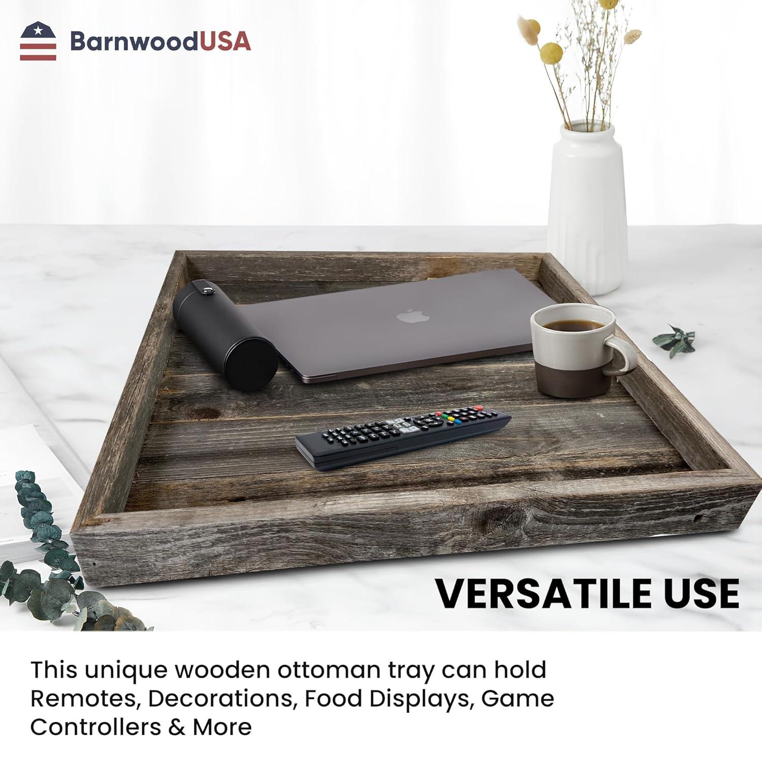 Wooden Ottoman Tray with Felt Pad – Decorative Couch Serving Tray Made with Real Rustic Reclaimed Wood - Perfect for Living Room Ottomans, Sofas, & Coffee Tables -24" x 24" - Natural Weathered Gray