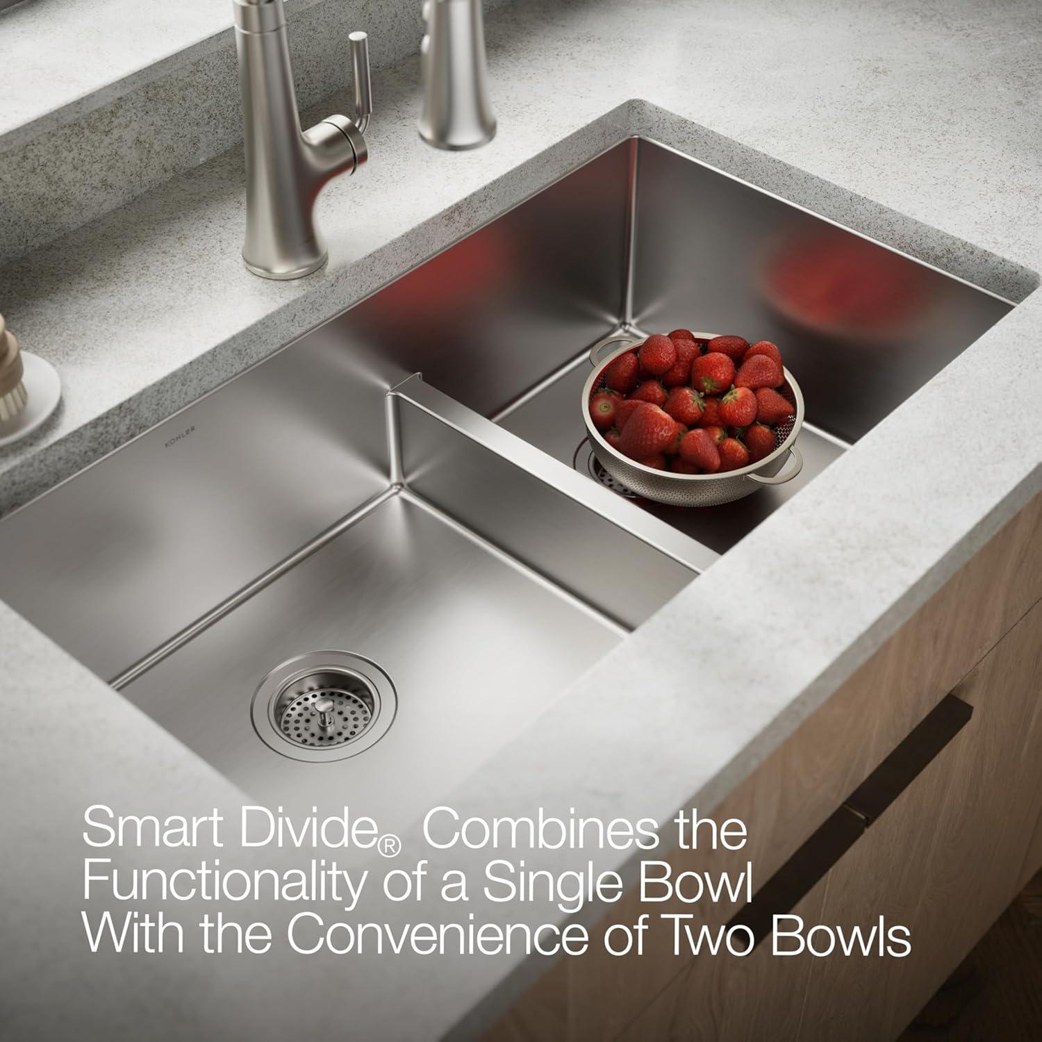 Strive 32" L x 18-5/16" W x 9-5/16" Smart Divide Under-Mount Large/Medium Double-Bowl Kitchen Sink with Basin Rack