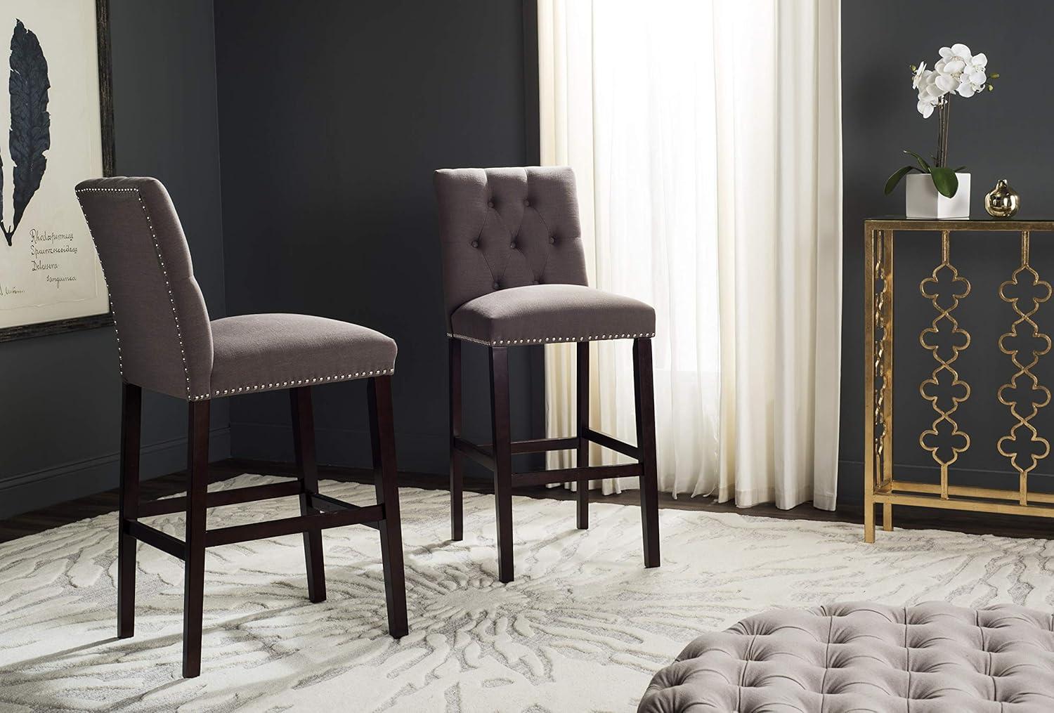 Transitional Espresso and Dark Taupe Bar Stools with Silver Nailheads (Set of 2)