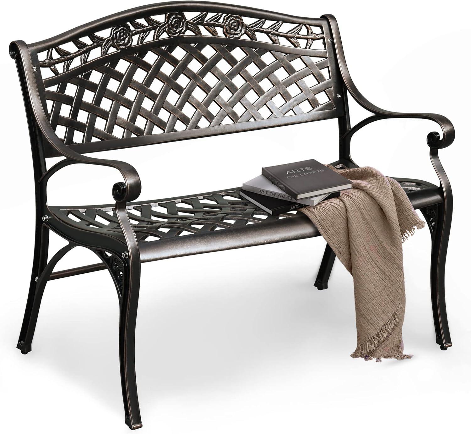 DWVO Cast Aluminum Outdoor Bench, 39.4’’ Patio Garden Benches for Outdoors, Metal Frame Patio Bench for Backyard, Lawn, Deck, Porch, Park, Bronze