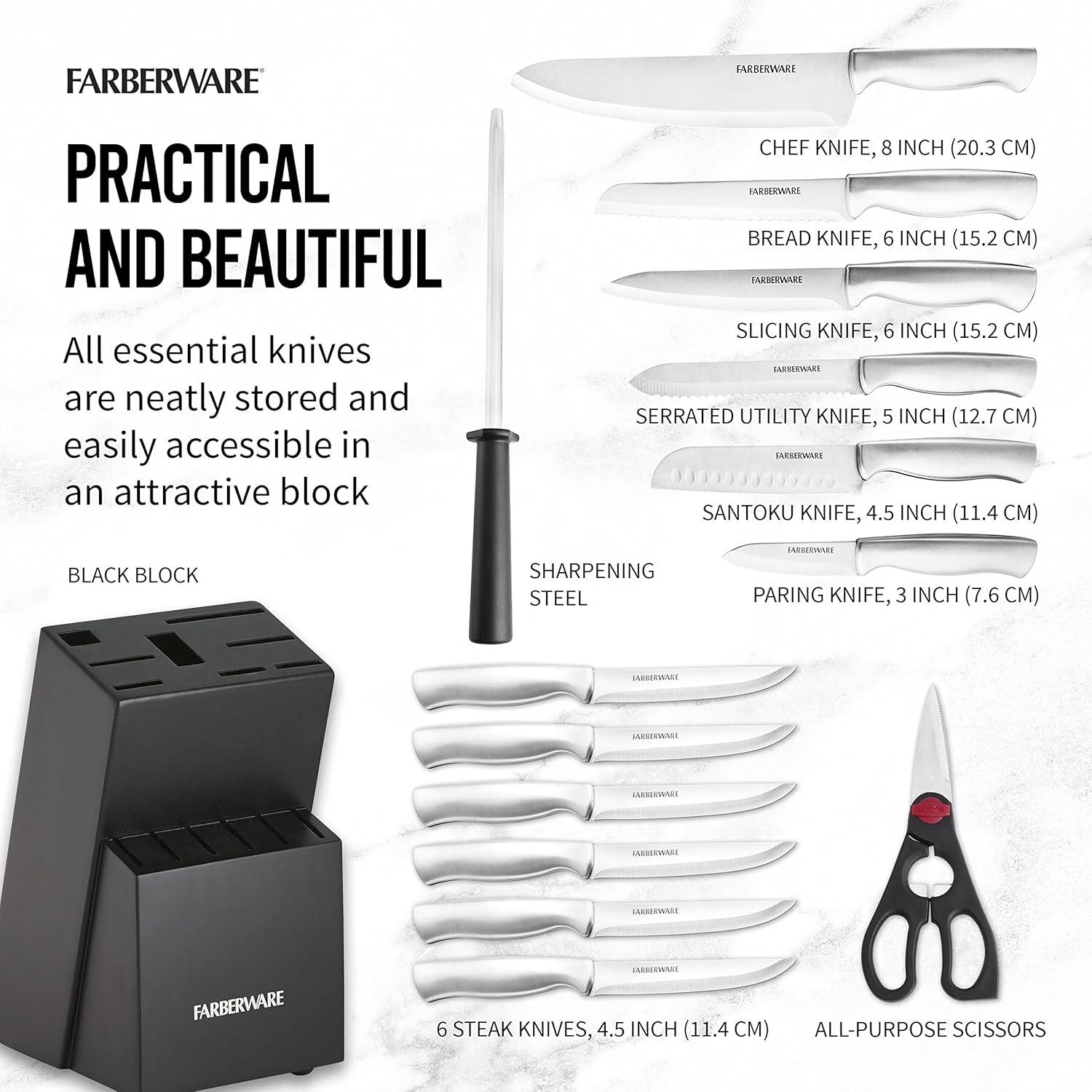 Farberware 15-Piece Stainless Steel Knife Block Set with Black Wood Block