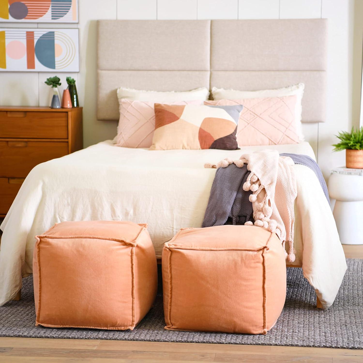 Blush Velvet Square Pouf with Knife-Edge Detail