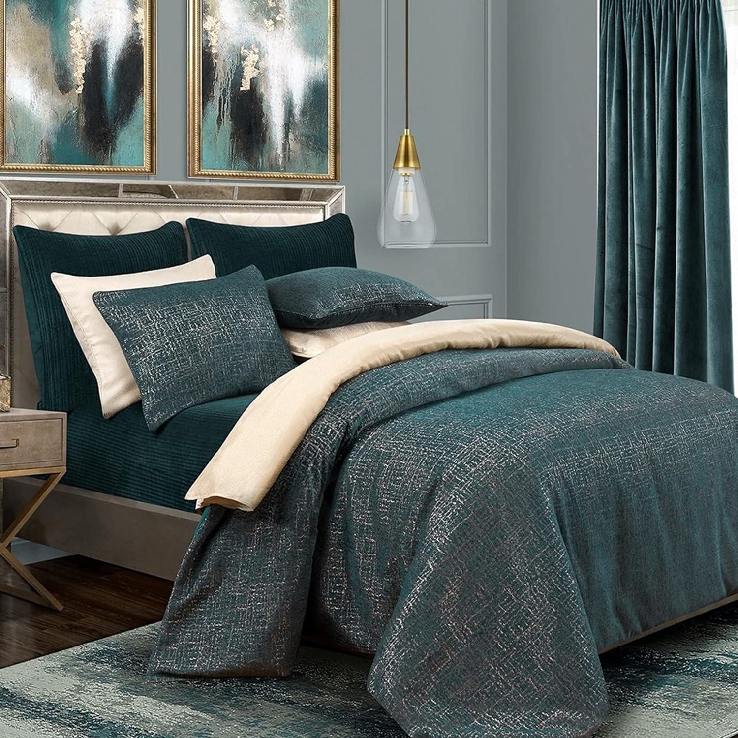 Teal and Gold Reversible Queen Cotton Comforter Set