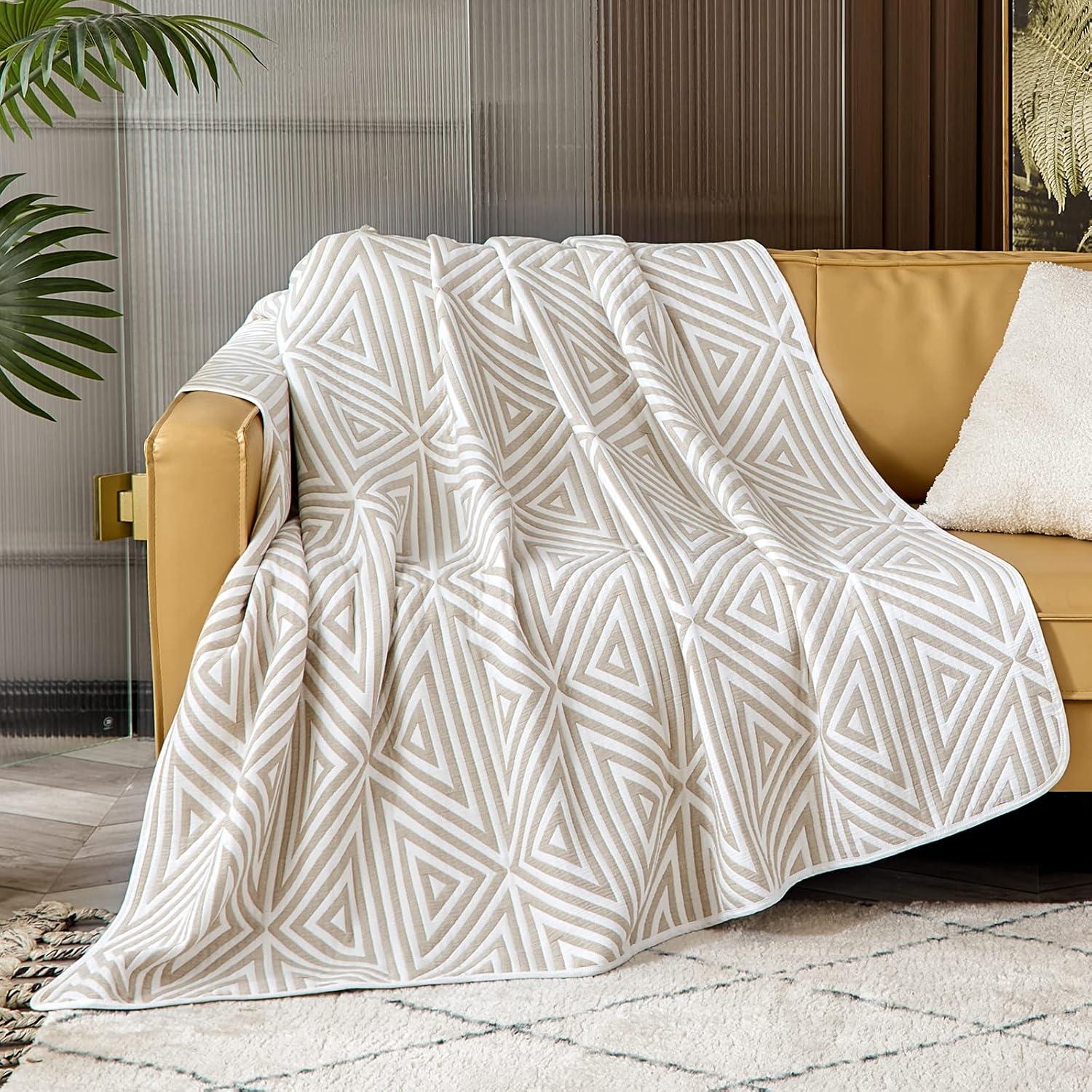 Light Tan Cotton Queen Reversible Blanket with Geometric Pattern