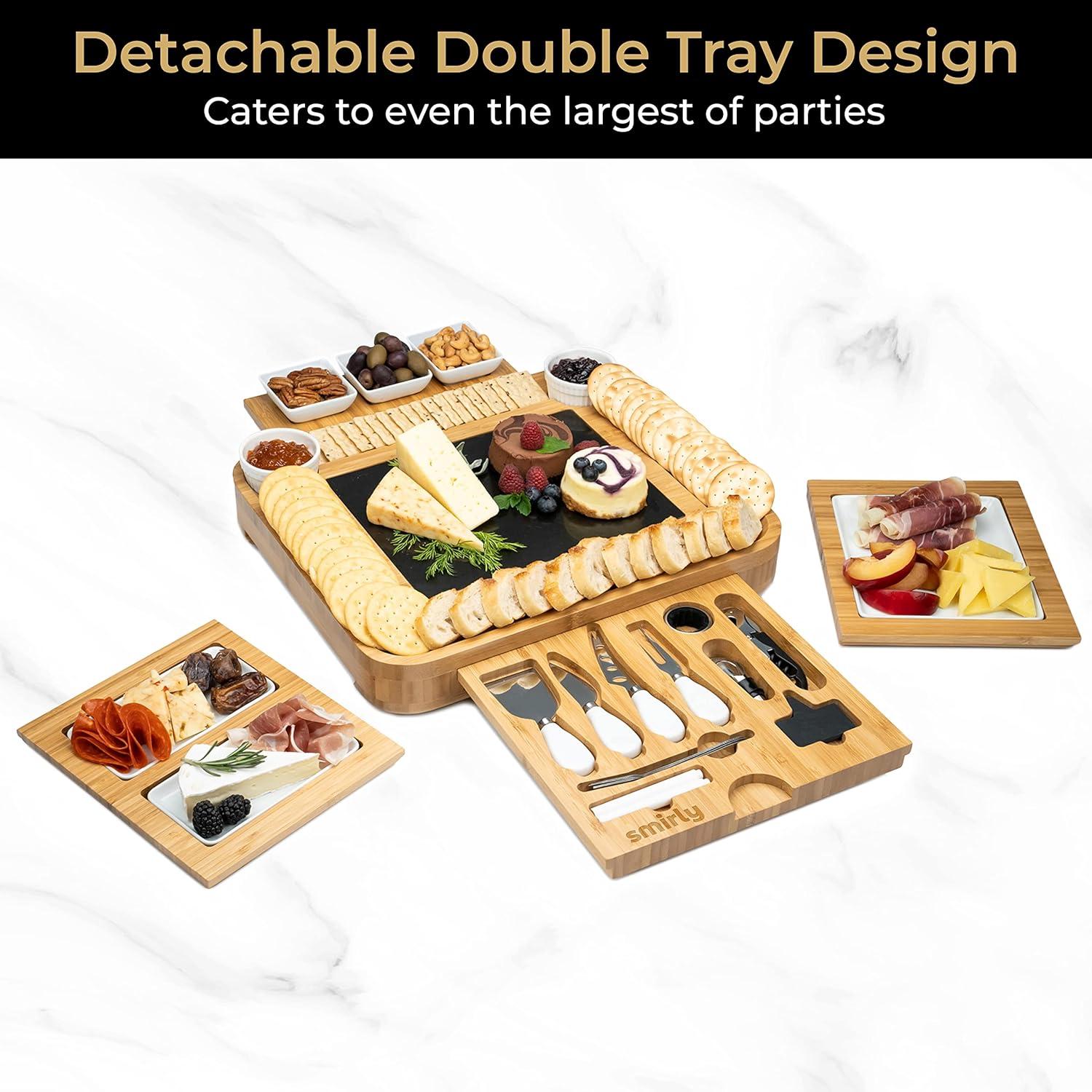 SMIRLY Bamboo Charcuterie Board Set Extra Large Cheese Board and Knife Set with Wood Tray