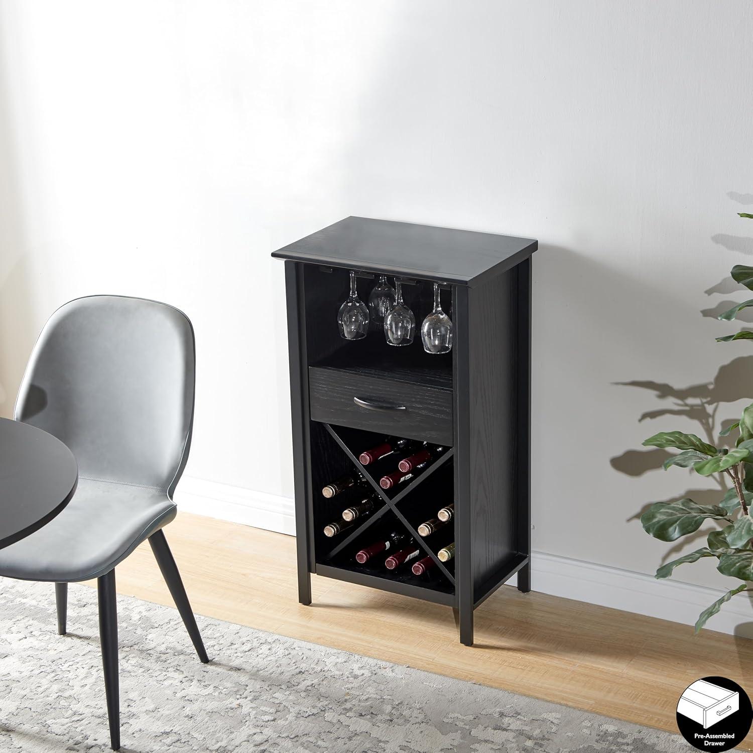 Leick Home Leah Mini Bar Cabinet for Stemware and Bottle Storage, Black