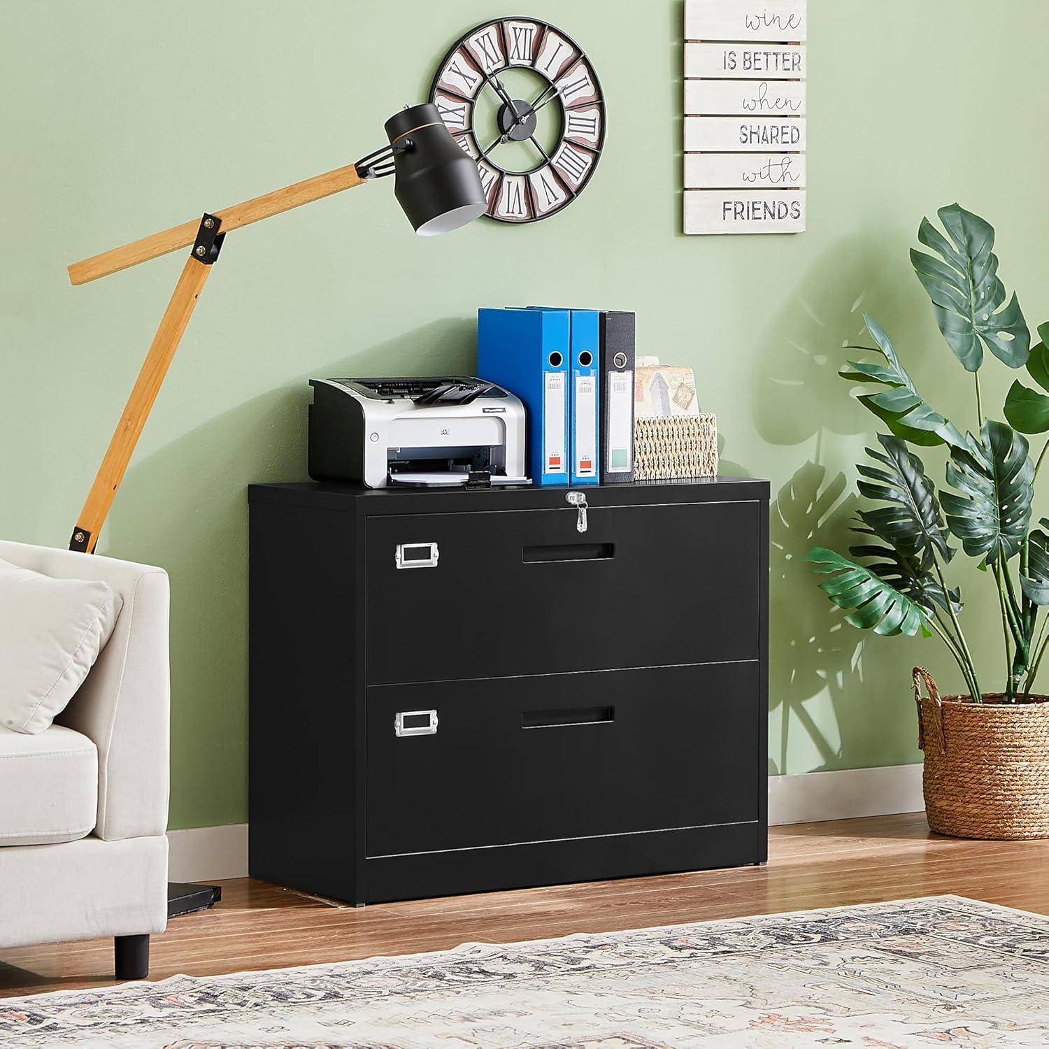 Black Metal 2-Drawer Lockable Lateral Filing Cabinet