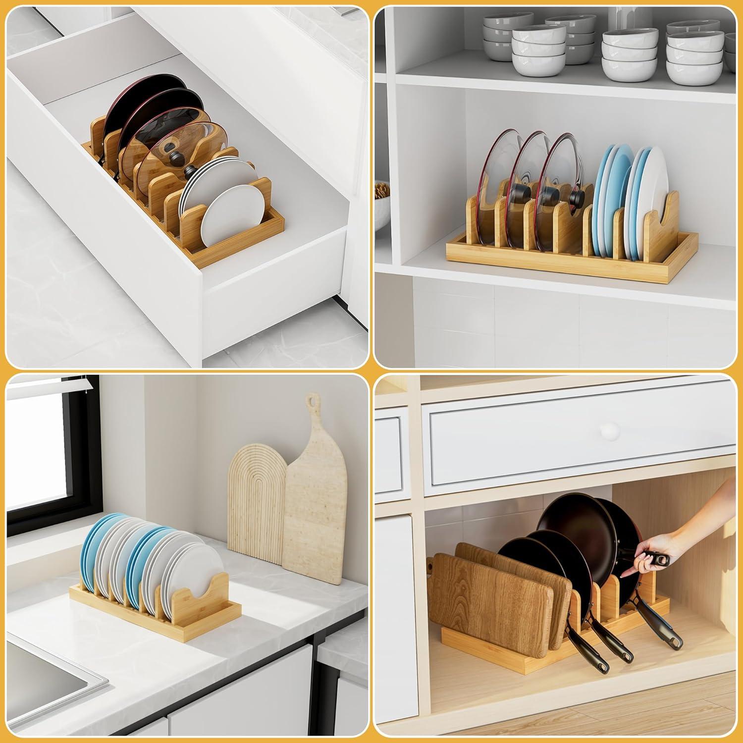 Prep & Savour Bamboo Pot Lid Organizer Pot Lid Holder, Cutting Boards & Baking Sheets, Dinner Plates, Reusable Containers In Cabinet Storage