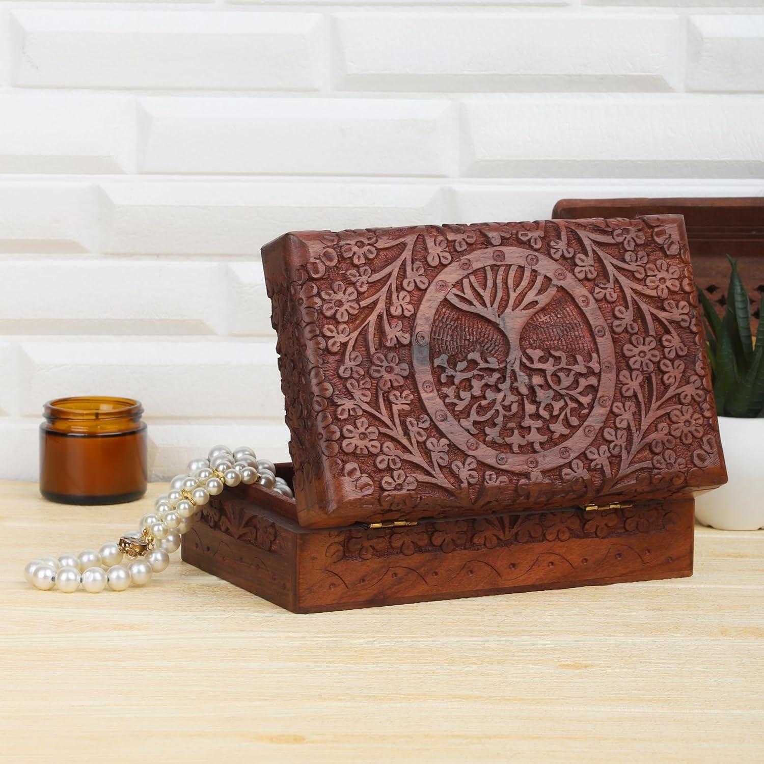 Ajuny Handcarved Wooden Decorative Treasure Chest Box Tree of Life Design - Multipurpose Use As Jewelry Storage, Watch Box, Great for Gifts - Brown, 8X5 Inch