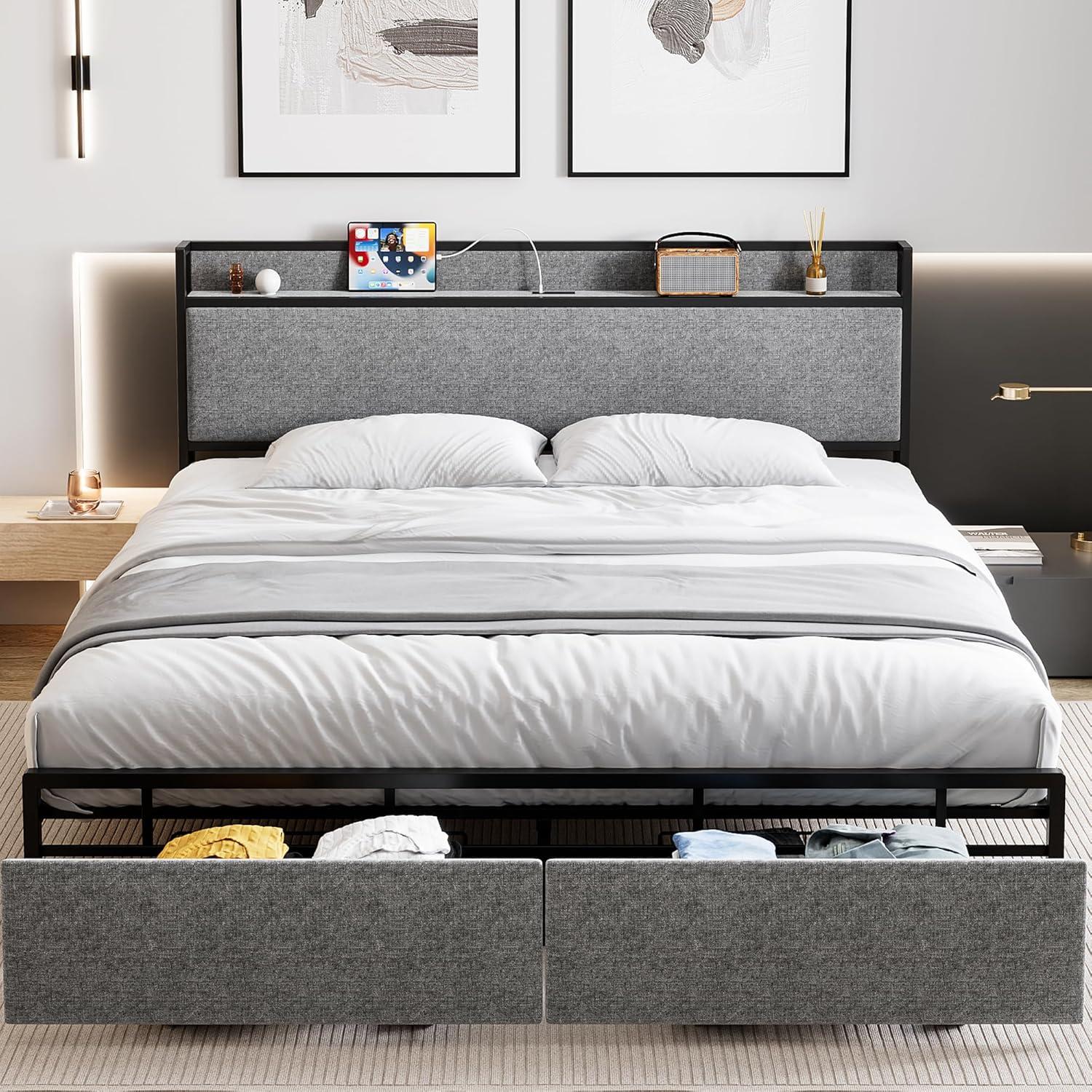 Queen Size Metal Bed Frame Drawers Platform Bed Frames with Headboard and Charging Station Metal Bed Platform with Steel Slat Support Noise Free No Box Spring Needed, Easy Assembly