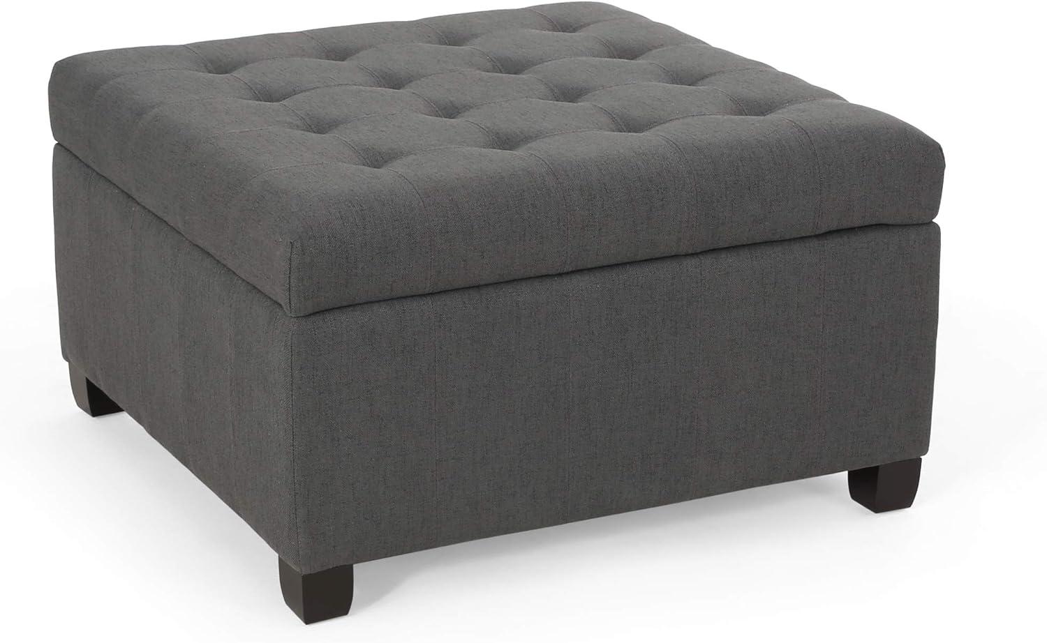 Isabella Contemporary Tufted Fabric Storage Ottoman Dark Gray/Dark Brown - Christopher Knight Home: Upholstered Bench with Wood Legs