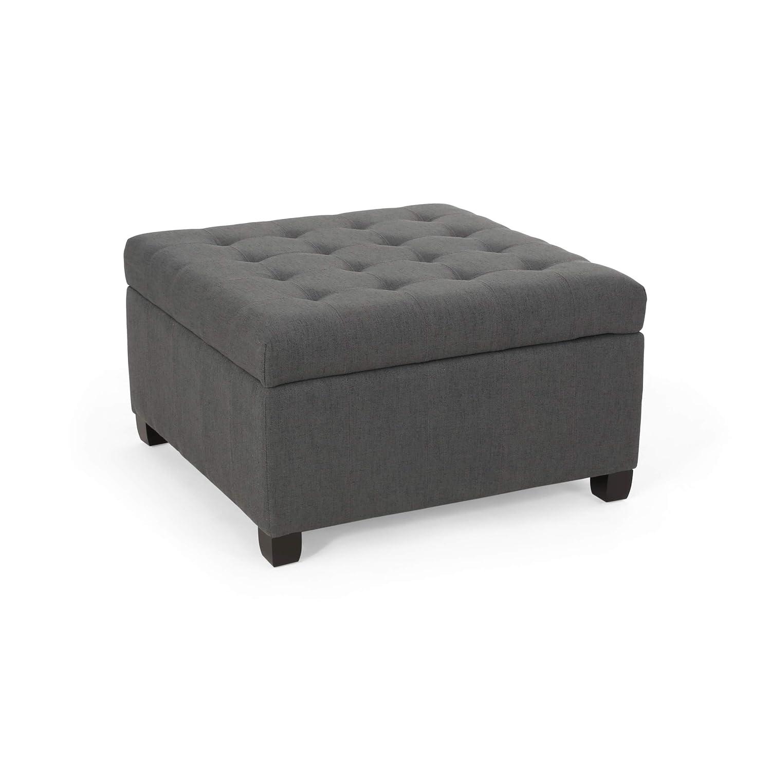 Isabella Contemporary Tufted Fabric Storage Ottoman Dark Gray/Dark Brown - Christopher Knight Home: Upholstered Bench with Wood Legs