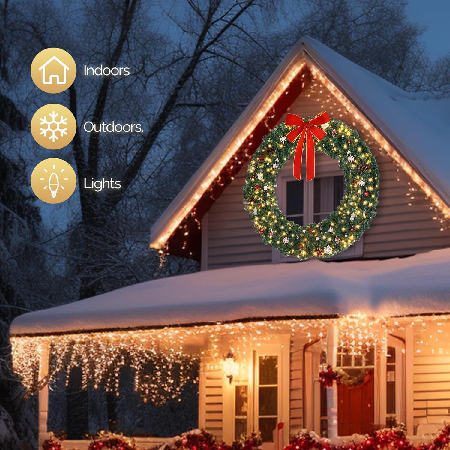 60in Green PVC Bow Decoration Garland with 220 LED Lights, 600 Branches - Perfect for Holiday Home Decor and Garden Parties