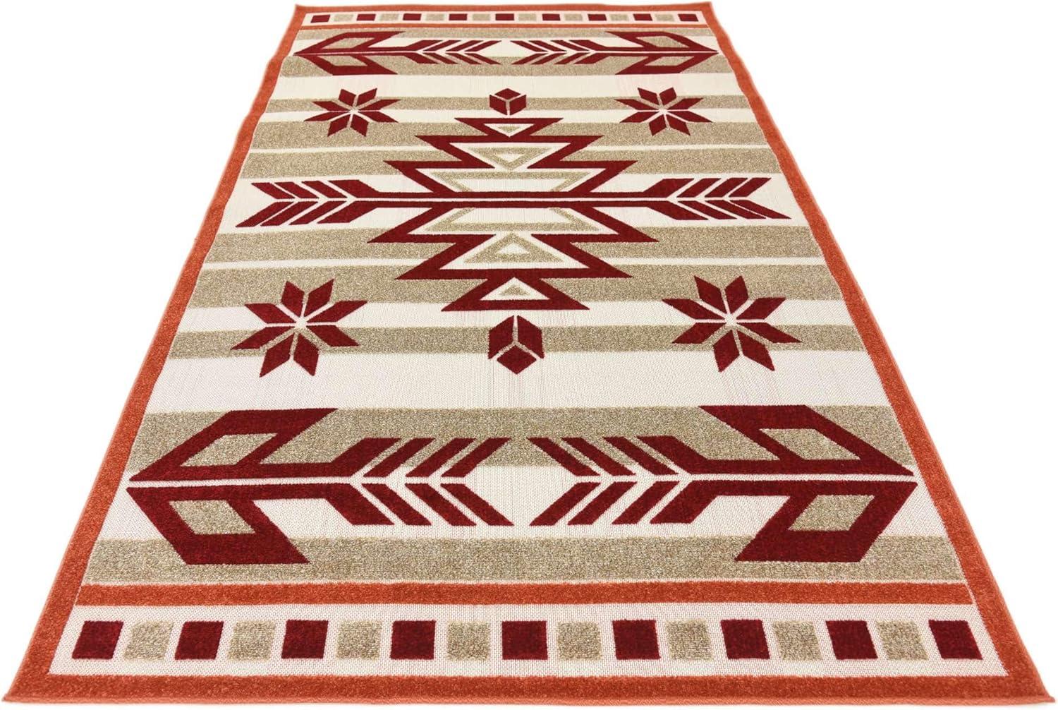 Burgundy and Beige Geometric Outdoor Rectangular Rug