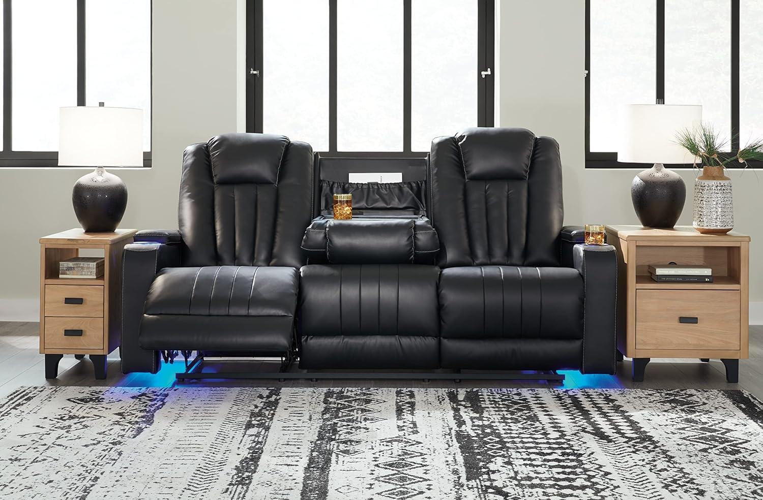 Black Faux Leather Manual Reclining Sofa with Cup Holder