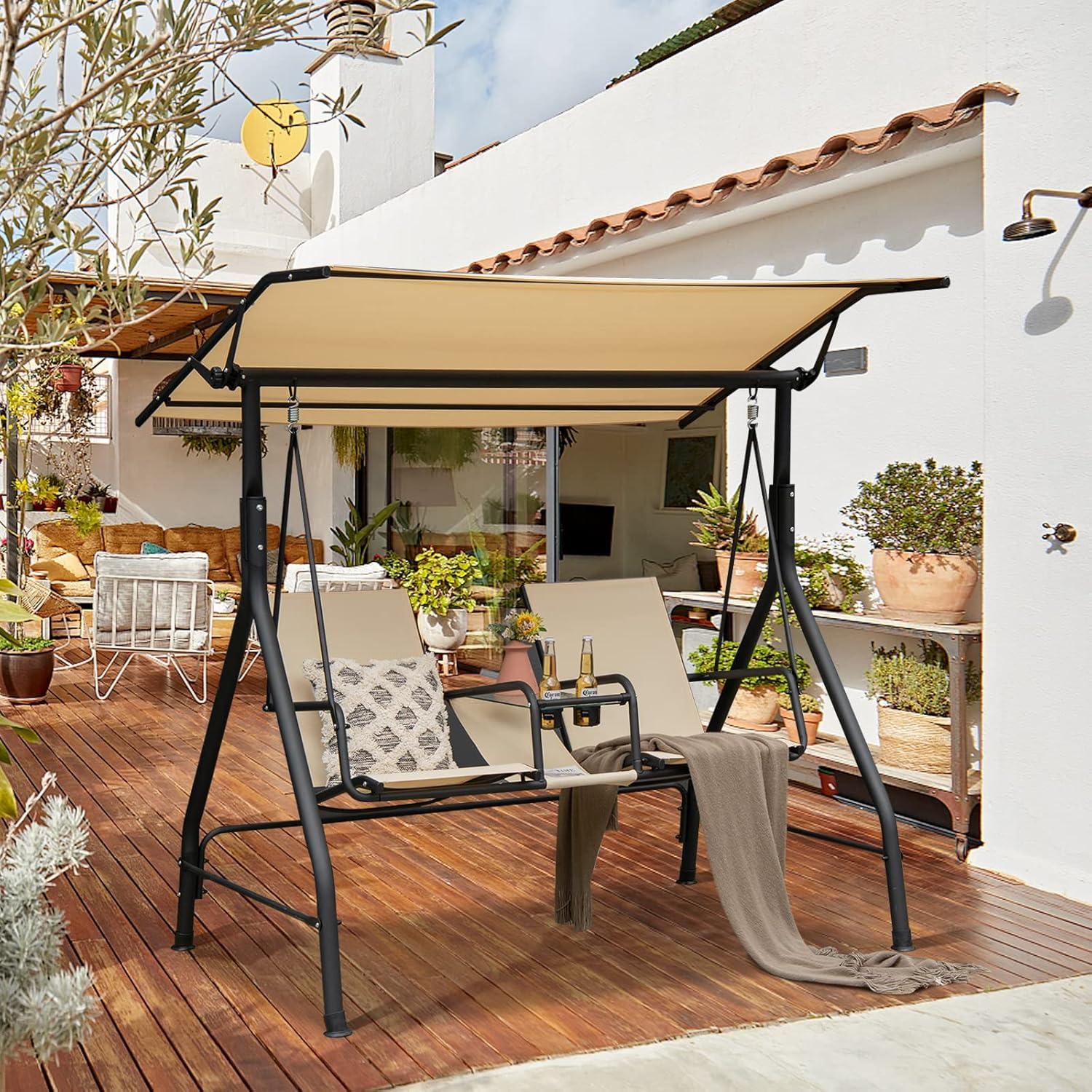 Beige 2-Person Outdoor Swing with Adjustable Canopy and Glass Table