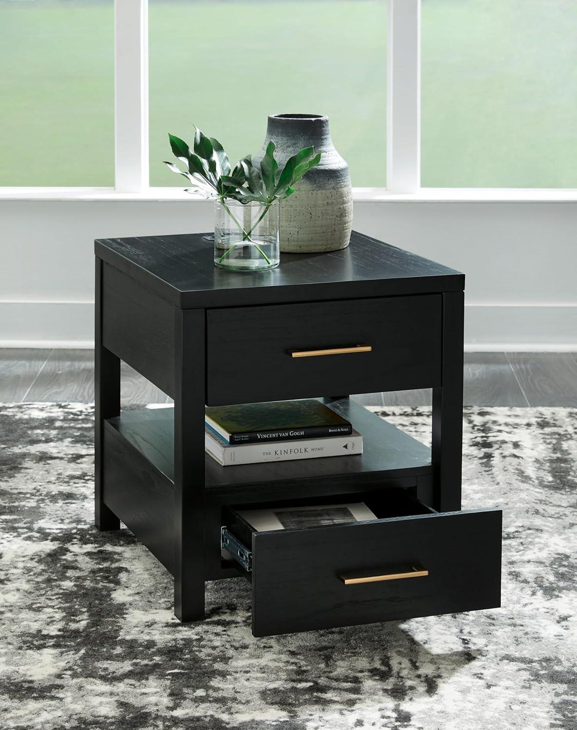 Black Rectangular Wood End Table with Storage and USB Ports