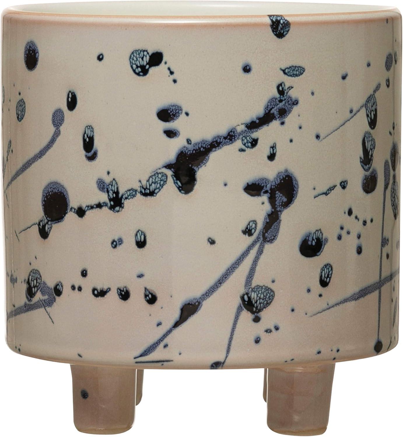 White and Blue Stoneware Footed Planter with Splatter Design