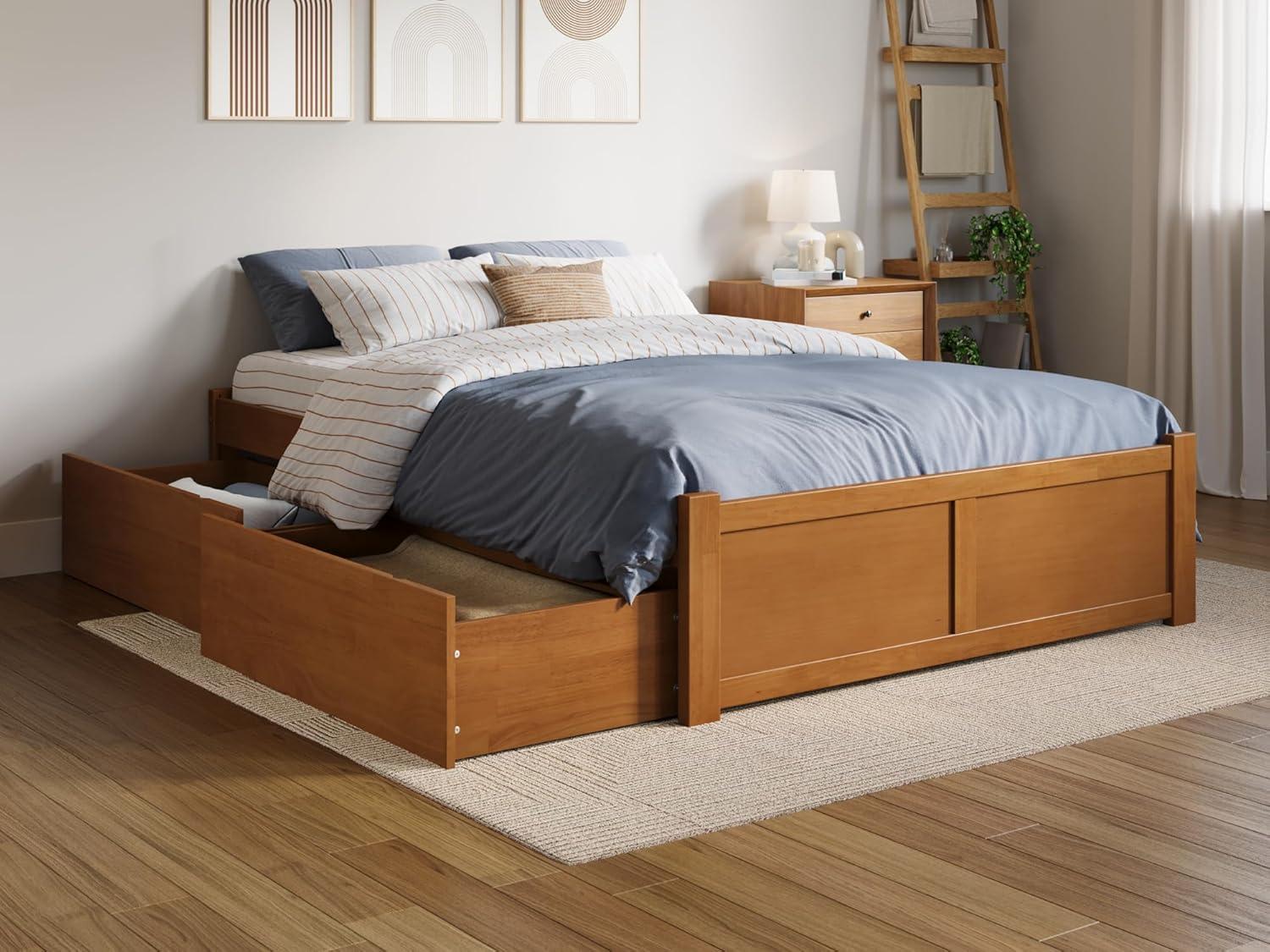 Light Toffee Full Wood Platform Bed with Footboard and Storage Drawers