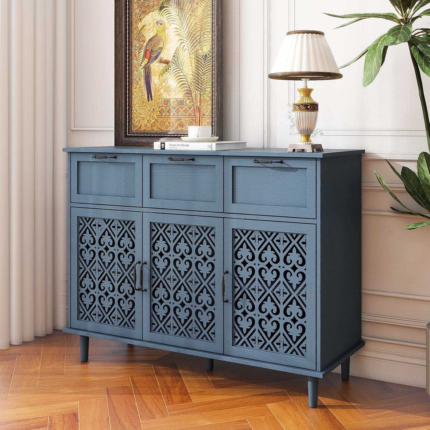 Blue Lockable 3-Door 3-Drawer Carved Wood Sideboard Cabinet