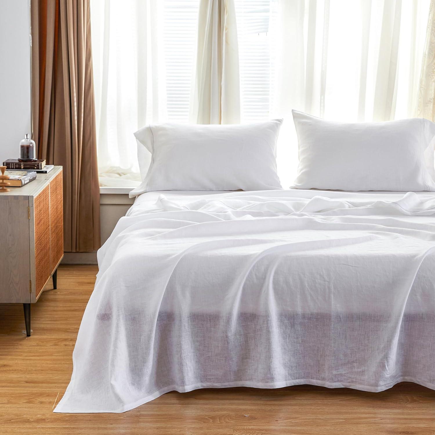 Simple&Opulence Belgian Linen Sheet Set Solid Color - 4 Pieces (1 Flat Sheet, 1 Fitted Sheet & 2 Pillowcases) Natural Flax Cotton Blend Soft Breathable Farmhouse Bedding - Full Size, White