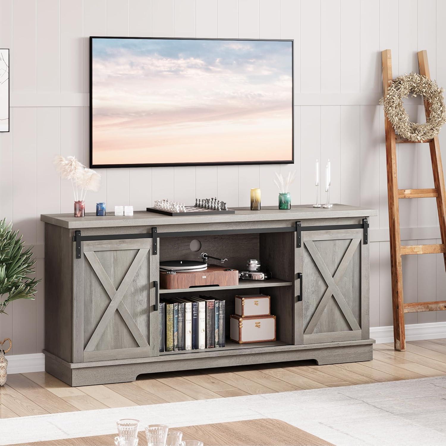 Gray Wash Farmhouse Sliding Barn Door TV Stand for 65" TV