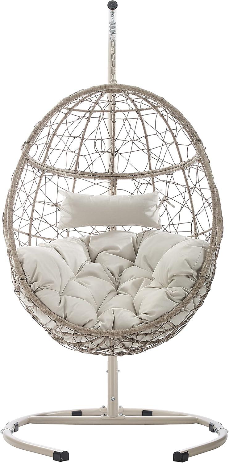 Crosley Furniture Cleo Outdoor Wicker / Rattan Hanging Egg Chair in Light Beige