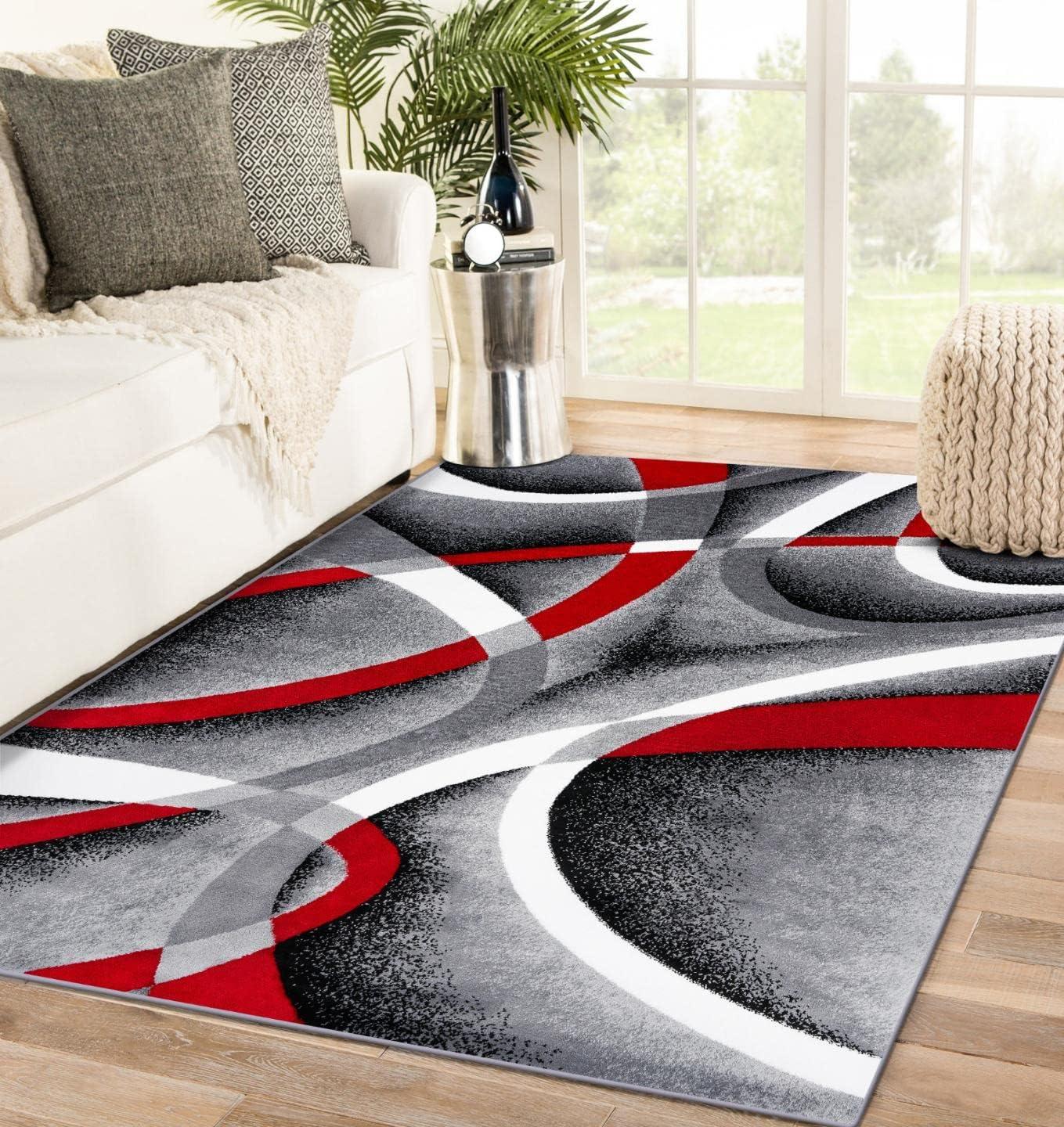 Gray and Red Abstract Geometric 8' x 10' Synthetic Area Rug