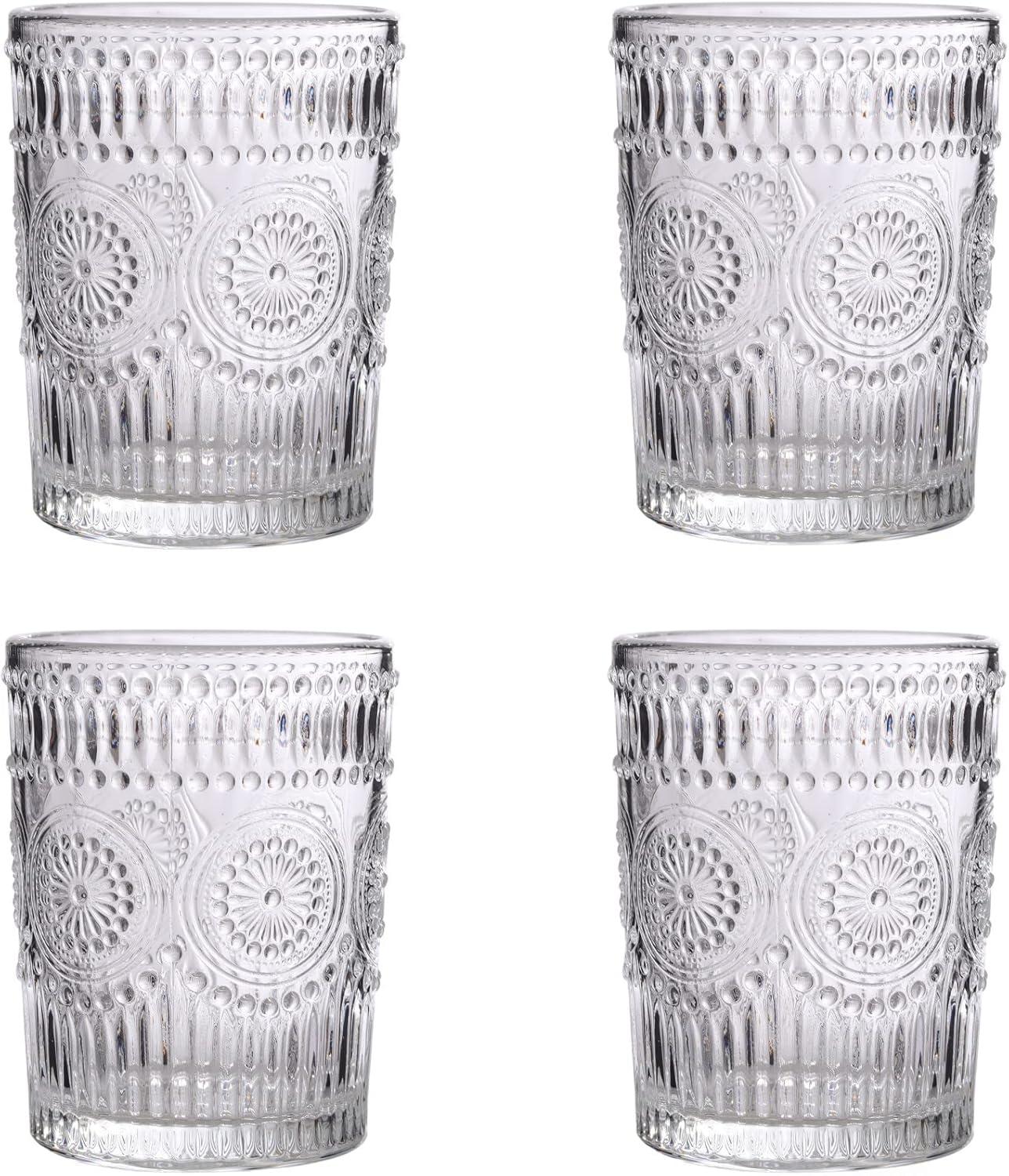 Vintage Clear Glass Flower Pattern 10 oz Tumblers Set of 4