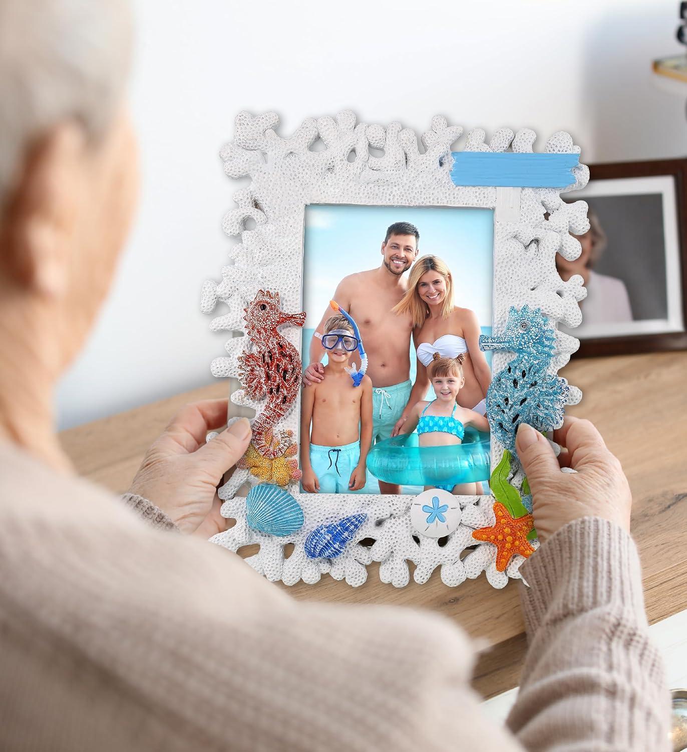 CoTa Global White Coral Seahorse 4x6 Nautical Frame - White Coral Photo Frame for Summer Vacation Memory, Handmade Tropical White Coral Reef Nautical Picture Frame For Tabletop or Wall Hang - 8 Inches